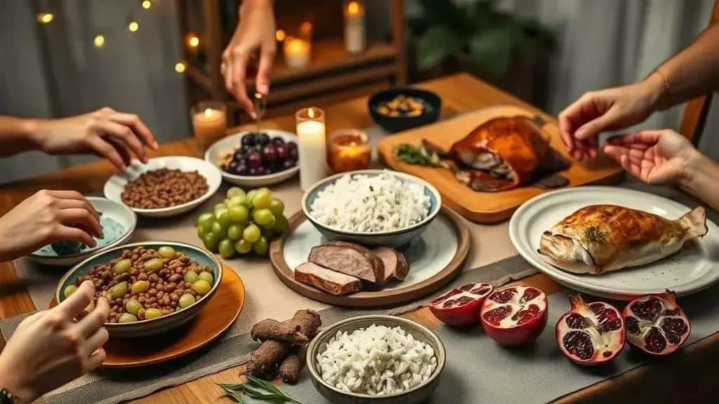 Festive New Year table with lentils grapes rice and roast food