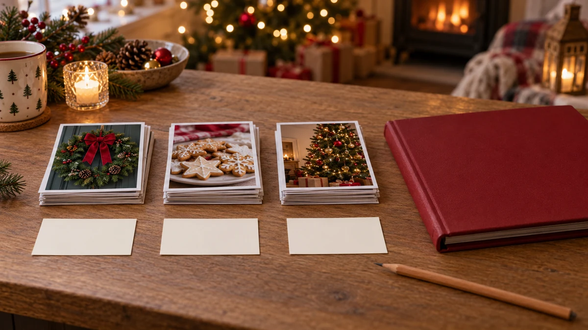 Festive photo prints and blank caption cards ready for an album Festive photo prints and blank caption cards ready for an album