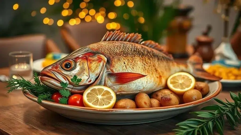 Festive platter of whole roast fish with lemon and potatoes