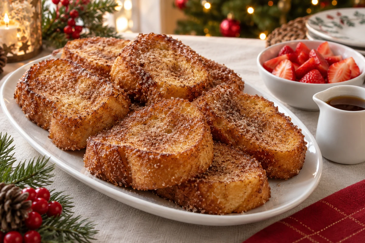 Festive rabanada platter with fruit and maple syrup
