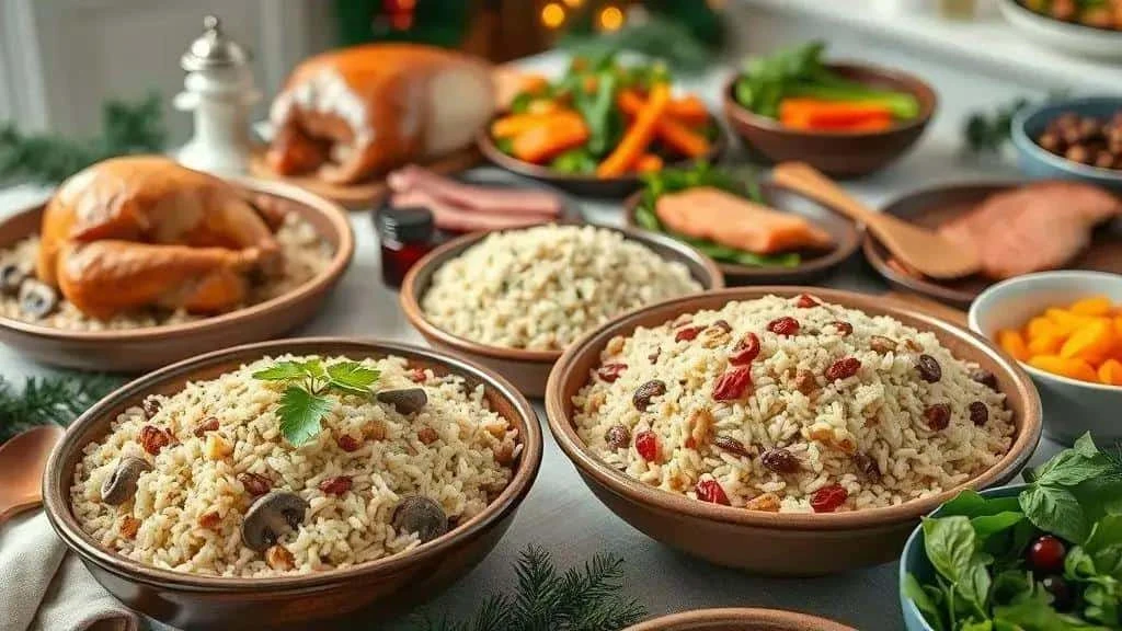 Festive rice dishes alongside main courses and vegetables