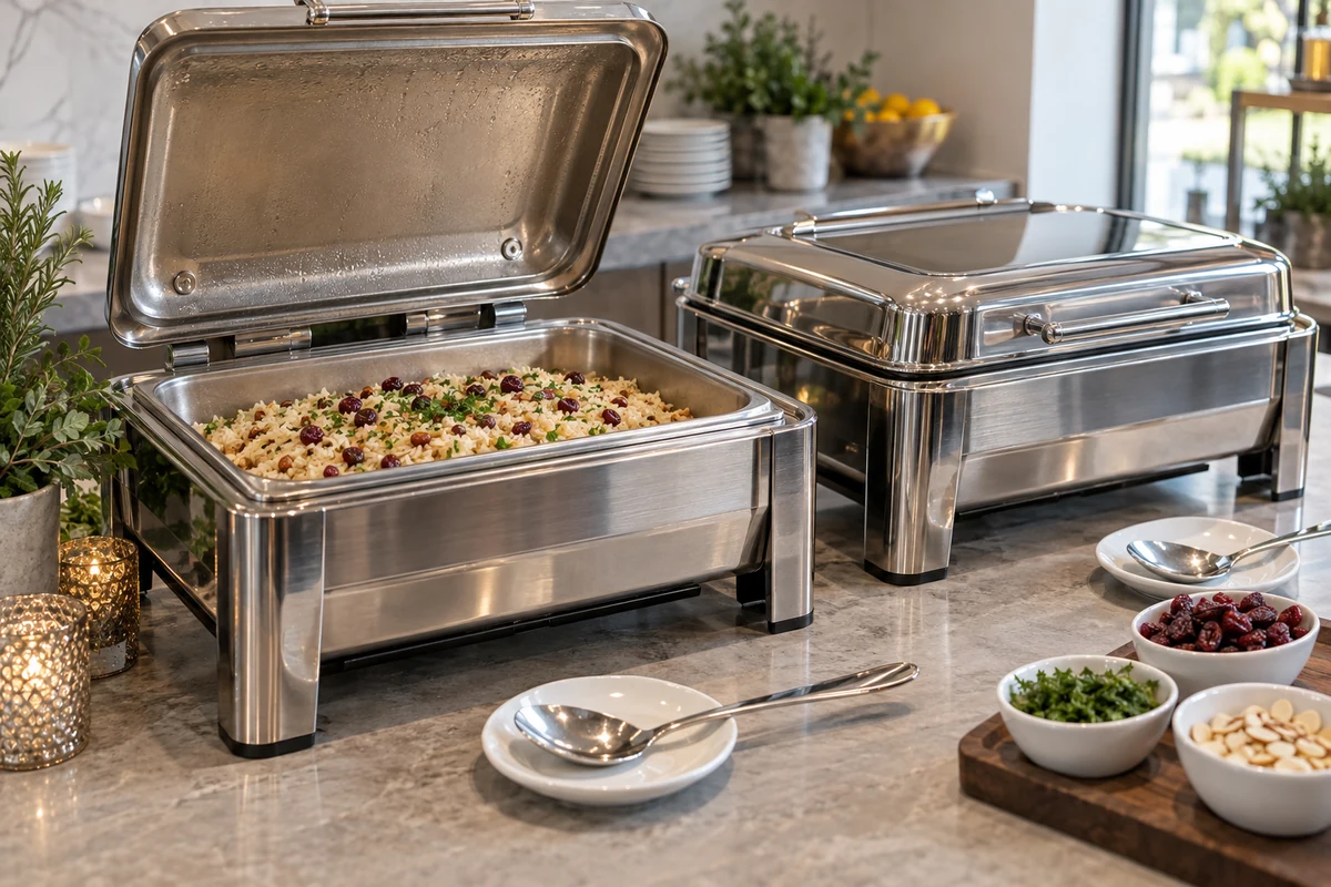 Festive rice in a chafing dish ready for buffet service