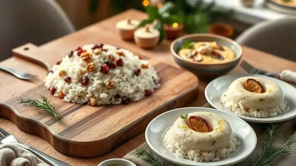 Festive rice served on a board and in individual portions