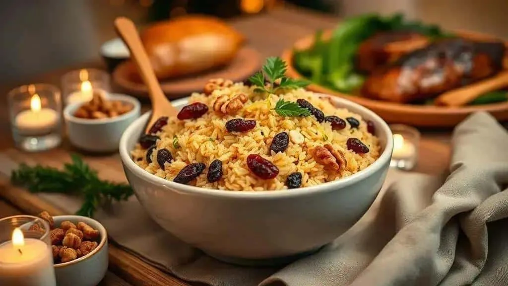 Festive rice with raisins and walnuts at Christmas