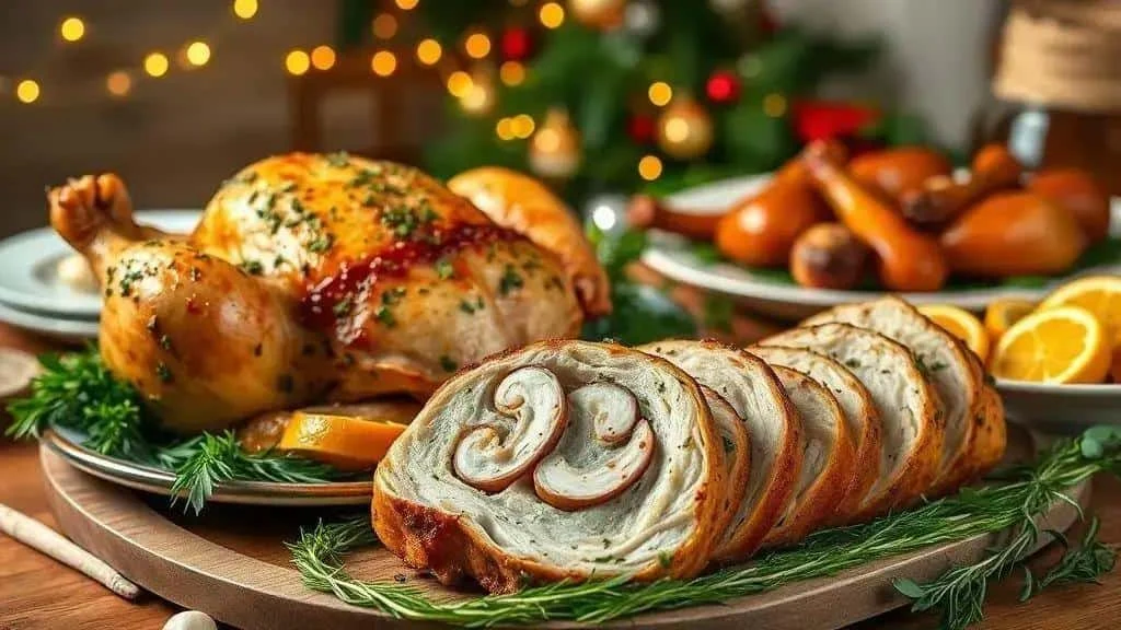 Festive roast chicken and sliced roulade