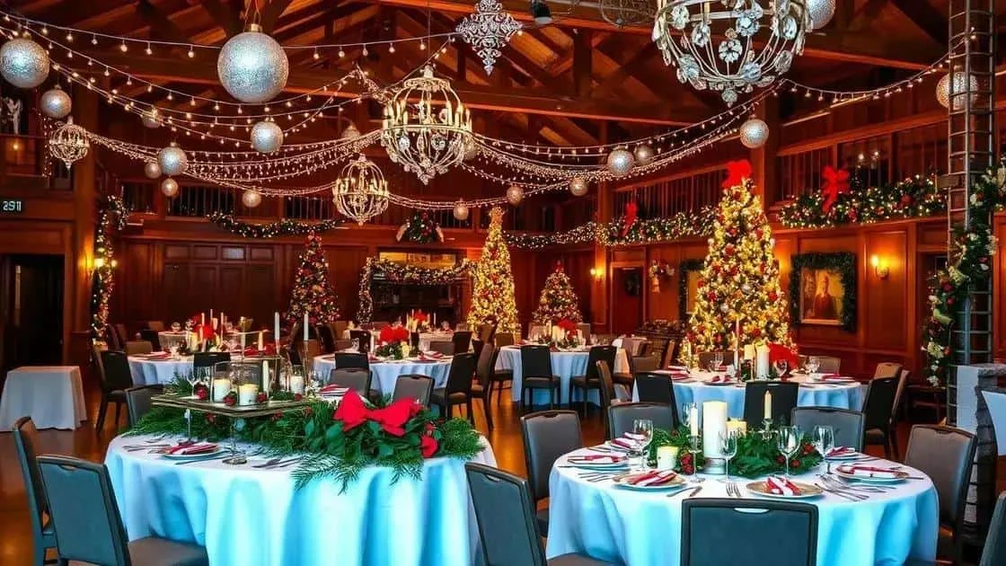 Festive room with several decorated dining tables Festive room with several decorated dining tables