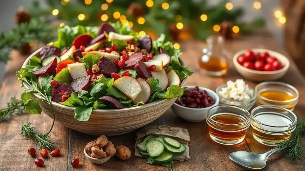 Festive salad with pears beetroot leaves and dressing ingredients Festive salad with pears beetroot leaves and dressing ingredients