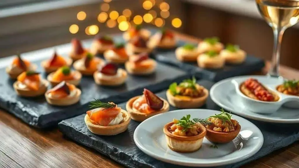 Festive salmon and cheese canapés on serving plates Festive salmon and cheese canapés on serving plates