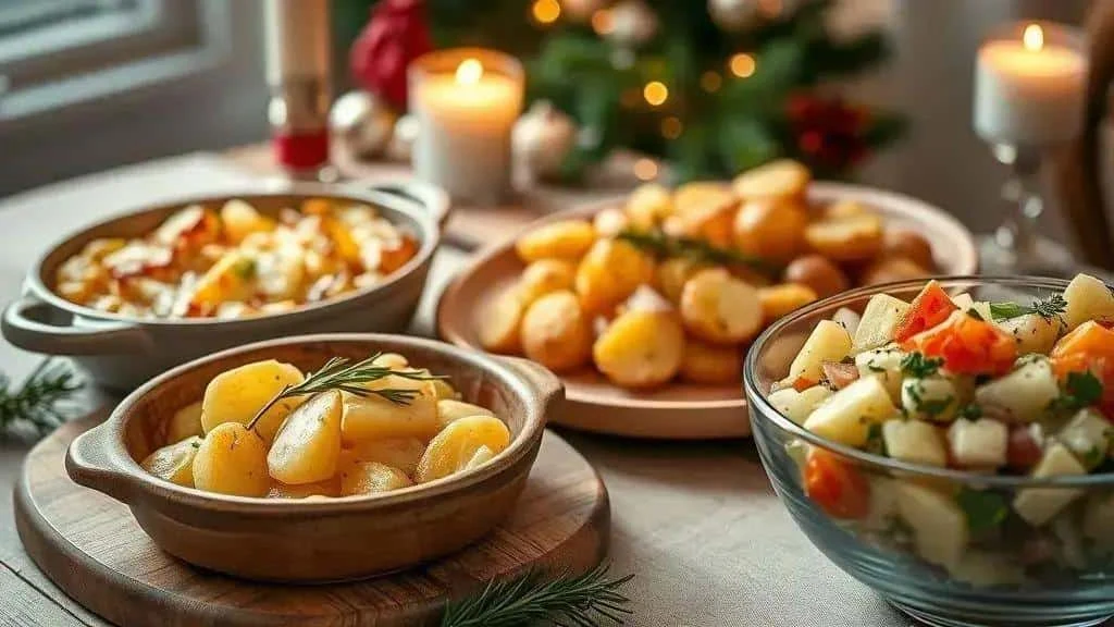 Festive selection of gratin roast potatoes and potato salad