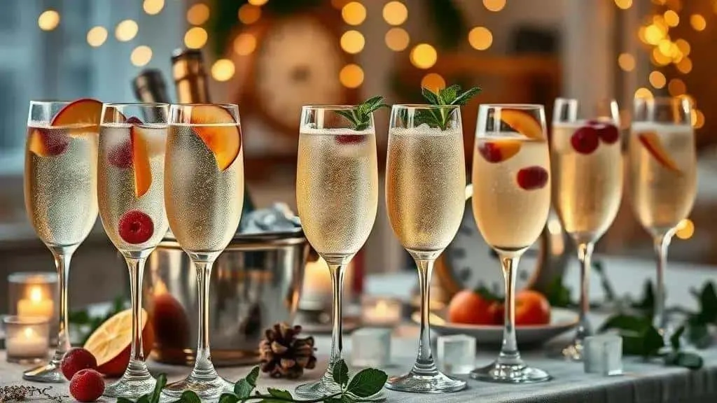 Festive sparkling wine cocktails with fruit garnishes Festive sparkling wine cocktails with fruit garnishes