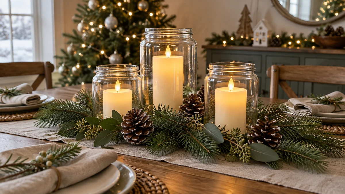 Festive table centrepiece with battery-powered candles Festive table centrepiece with battery-powered candles