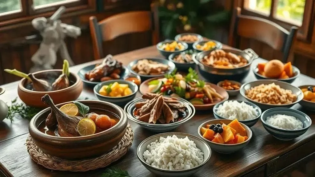 Festive table with cooked poultry, rice and side dishes
