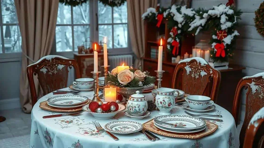 Festive table with patterned crockery and flowers