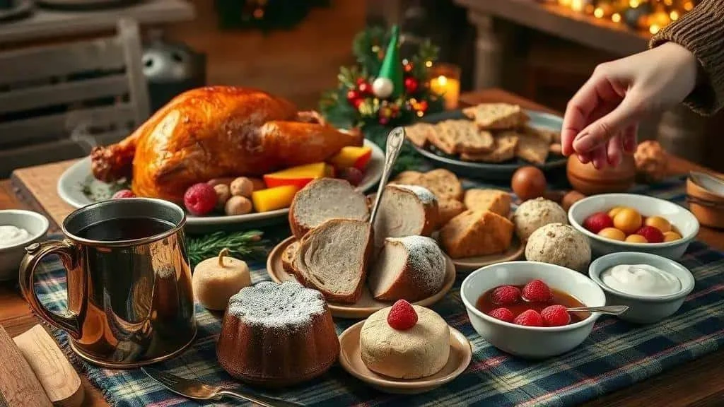 Festive table with roast food, cakes and berries