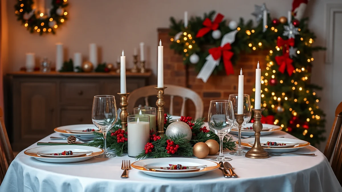 Festive table with unlit decorative candles