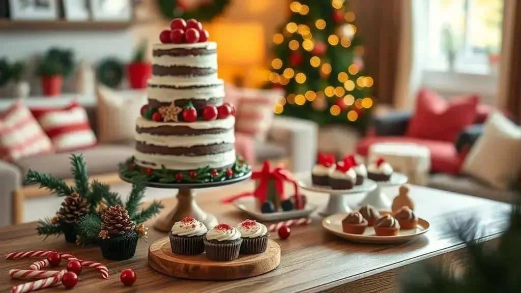 Festive tiered cake and cupcakes on a Christmas dessert table
