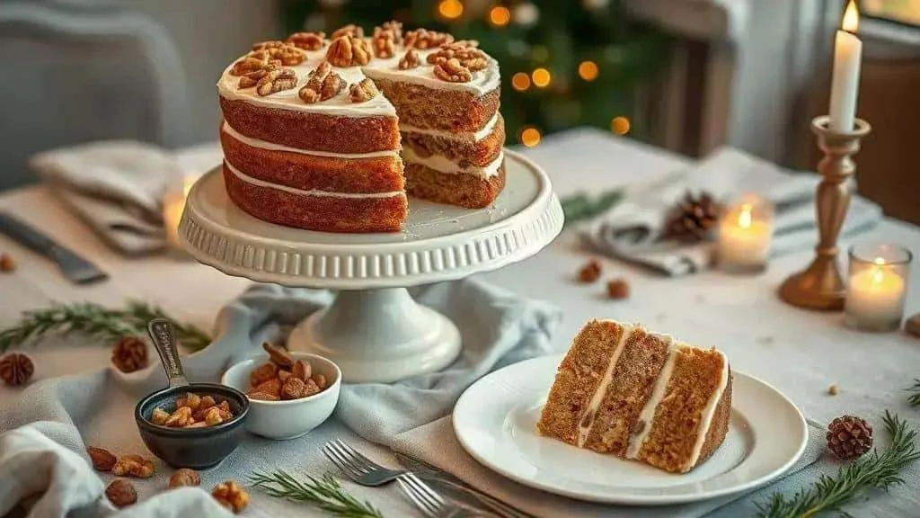 Festive walnut cake with coconut custard layers