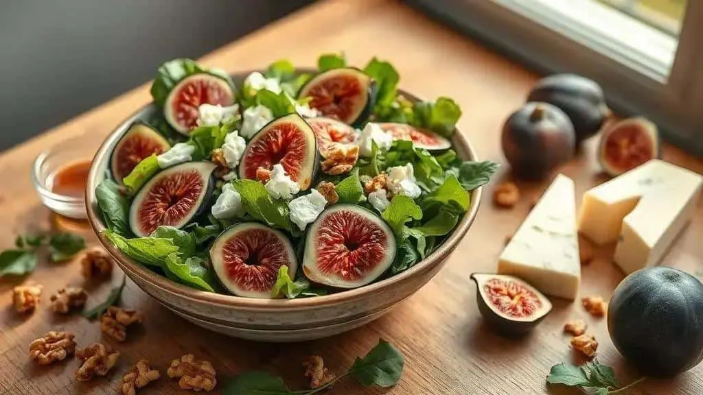 Fig goat cheese and walnut salad with mixed leaves