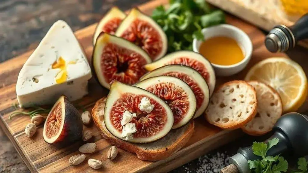 Figs, blue cheese, bread and honey for bruschetta