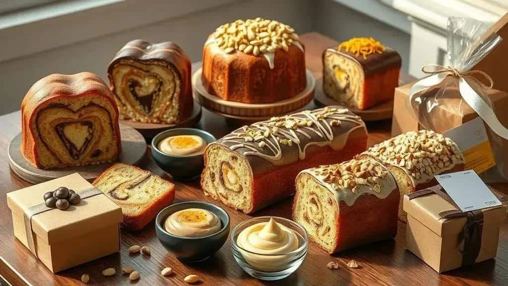 Filled festive breads with chocolate, cream and gift boxes