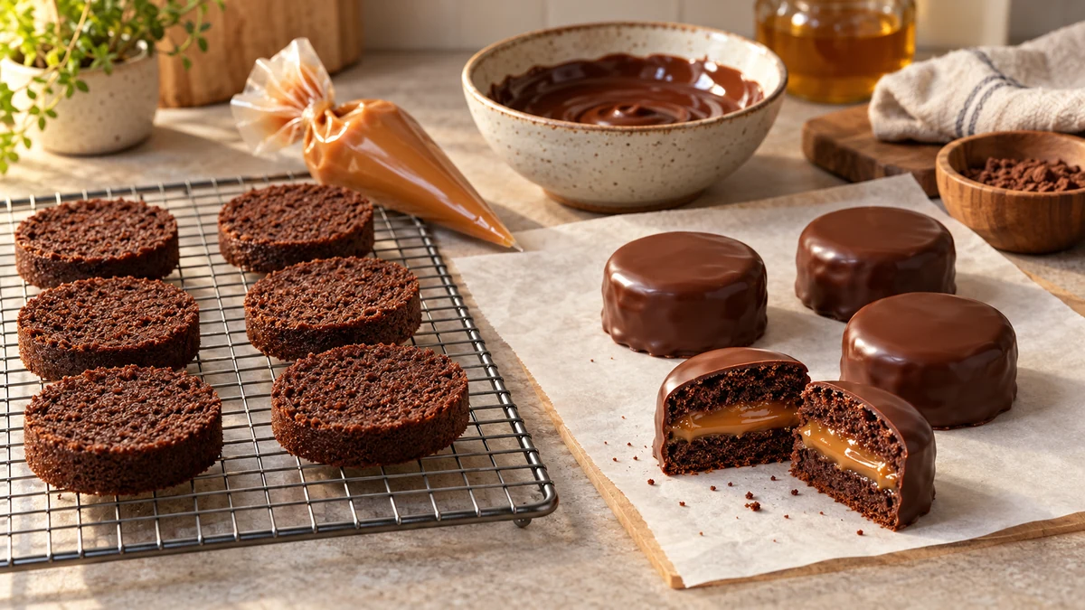 Filled honey cakes on a cooling rack beside melted chocolate and a piping bag Filled honey cakes on a cooling rack beside melted chocolate and a piping bag