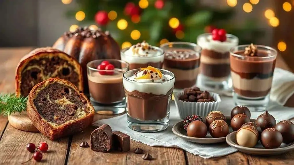 Filled panettone, layered chocolate desserts and homemade truffles Filled panettone, layered chocolate desserts and homemade truffles
