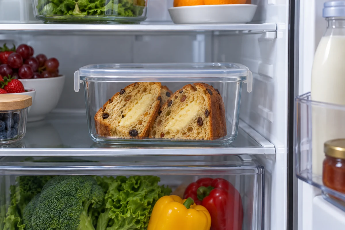 Filled panettone slices stored in a covered container in a fridge