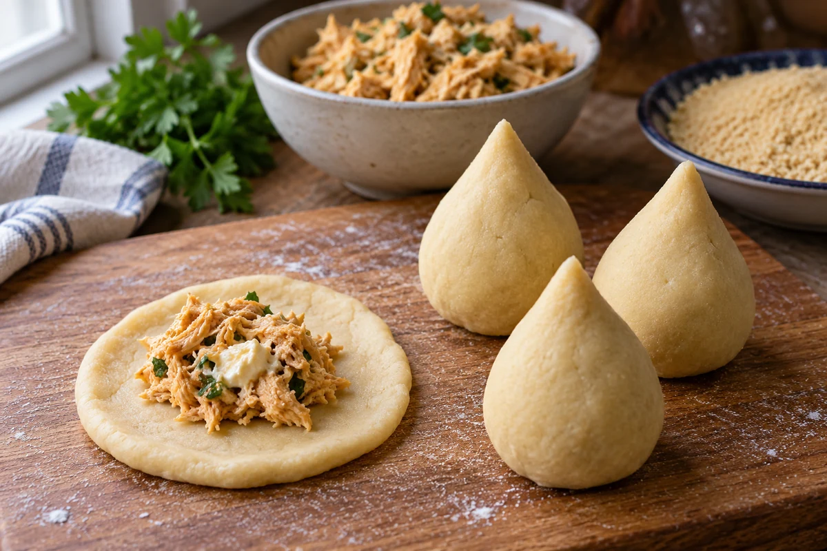 Filling a dough disc beside shaped chicken coxinhas