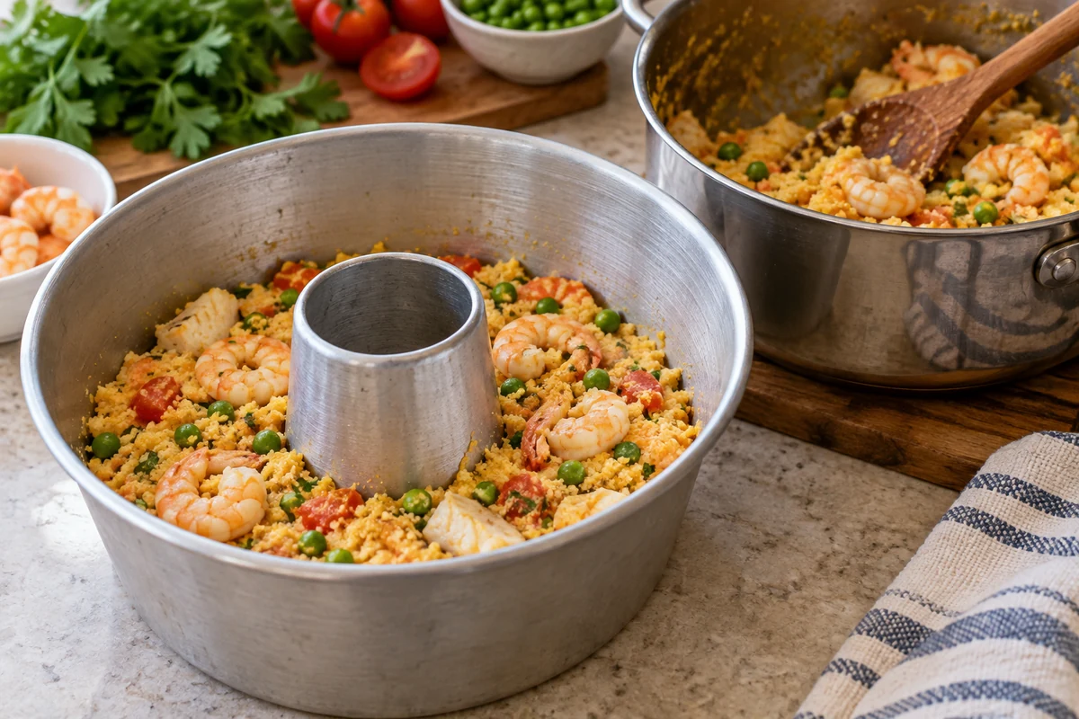 Filling a metal ring mould with seafood cornmeal mixture