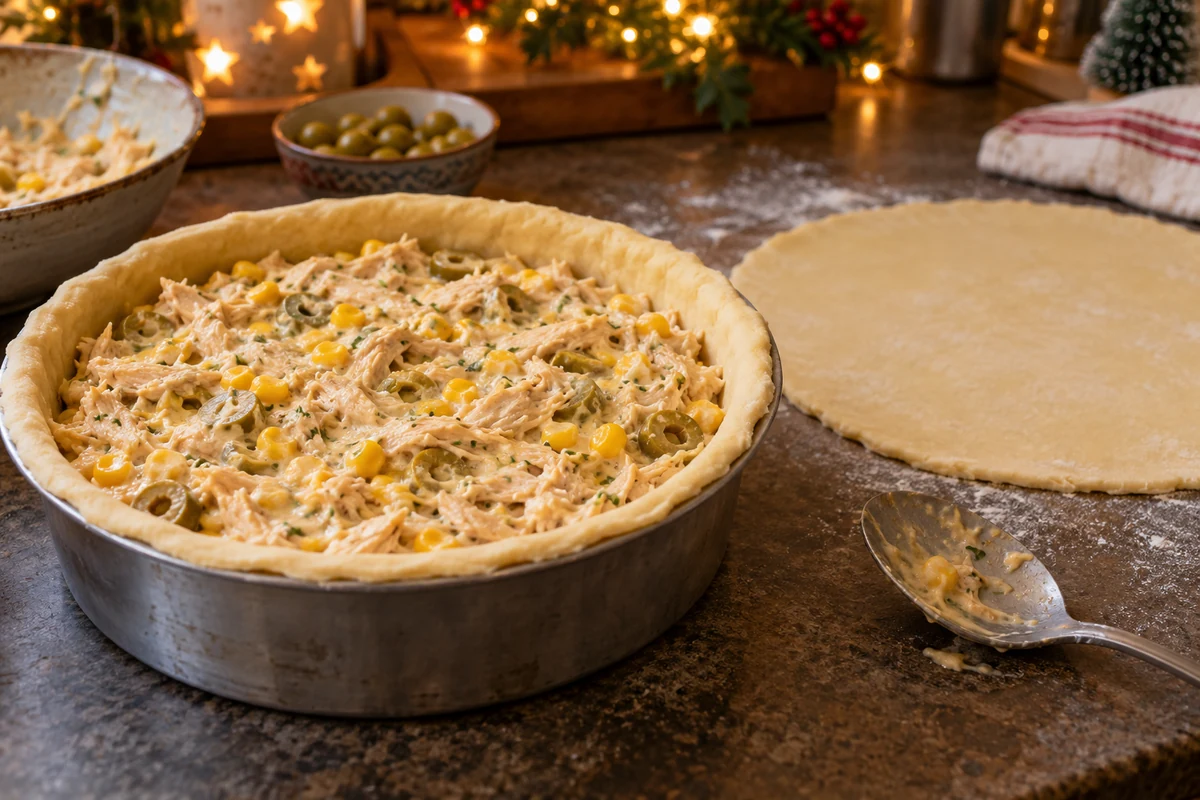 Filling a round shortcrust chicken pie