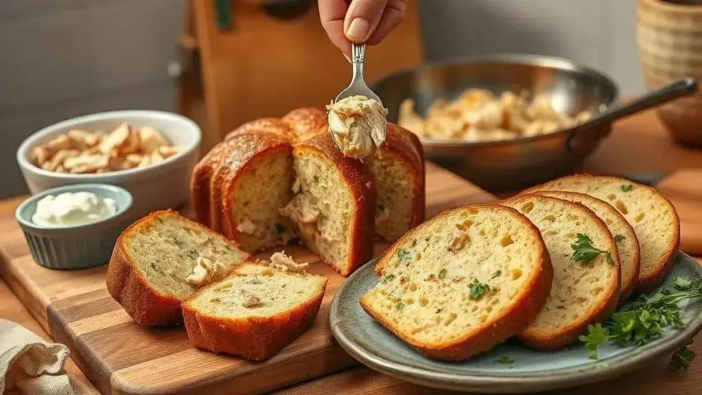 Filling a savoury loaf with creamy shredded chicken