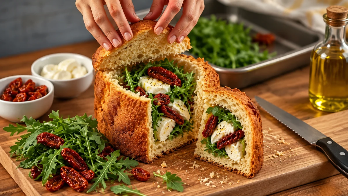 Filling savoury panettone with mozzarella sun dried tomatoes and rocket