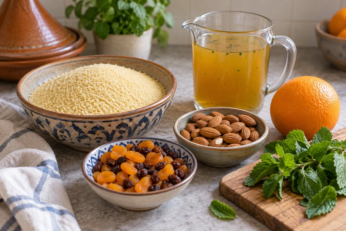 Fine couscous, dried apricots, raisins, almonds and festive ingredients