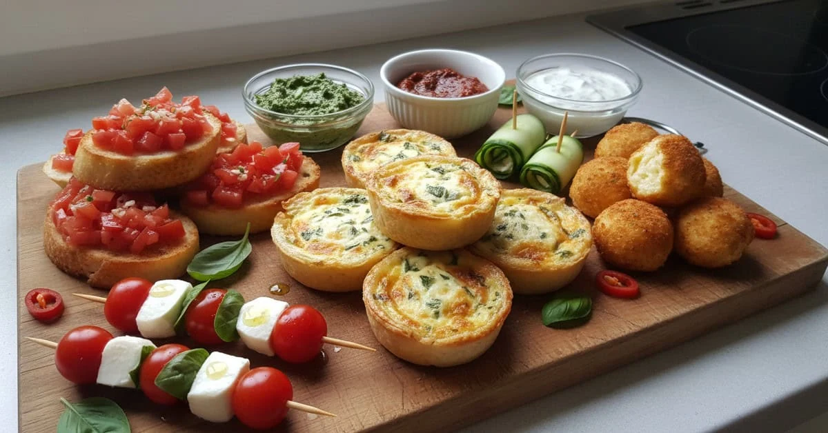 Finger foods and dips on a wooden board