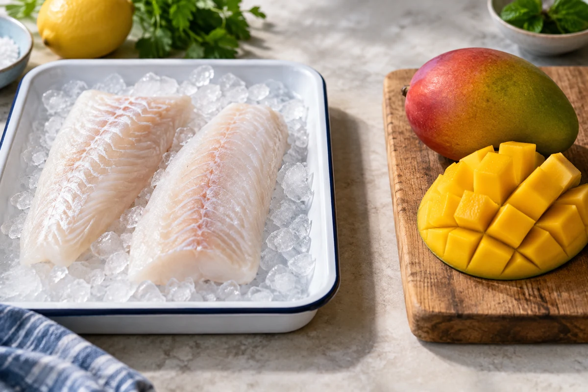 Fish and mango prepared on separate trays