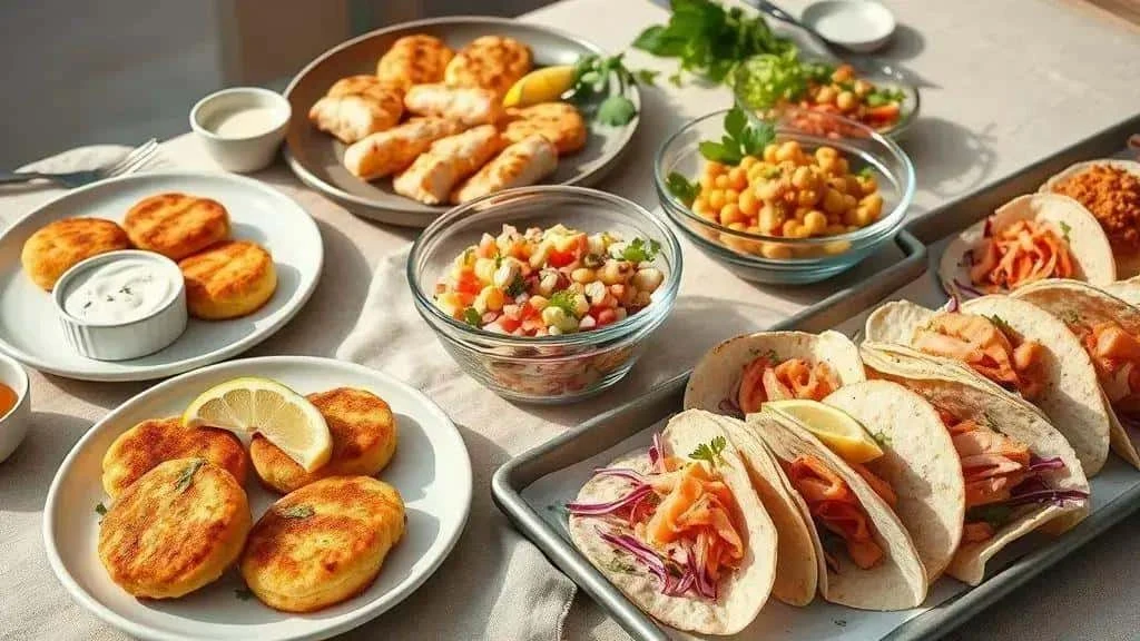 Fish cakes, wraps and salads
