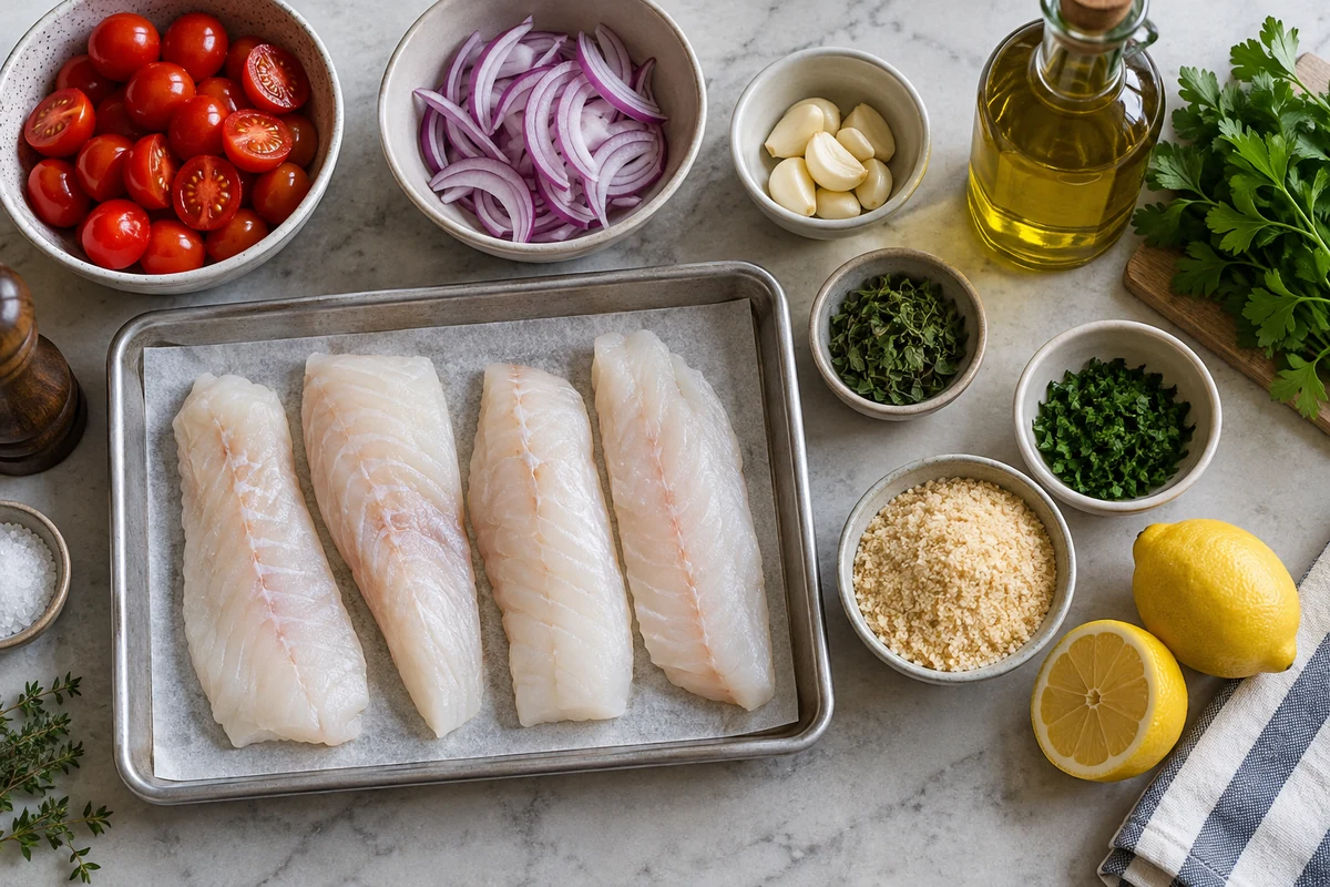 Fish fillets and vegetable ingredients on separate boards