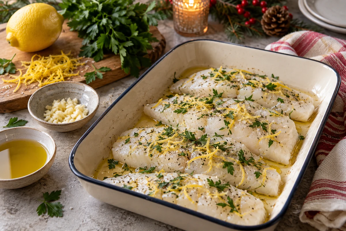 Fish fillets in a tray with lemon zest and parsley beside small bowls of oil and garlic