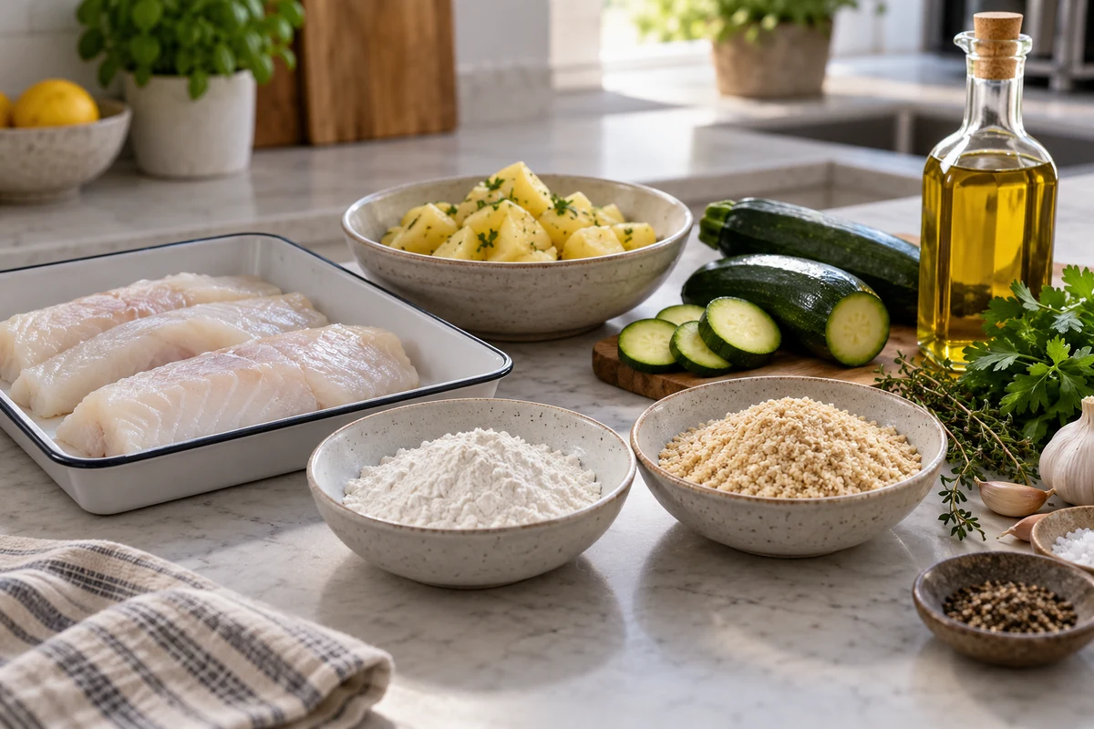 Fish ingredients with flour and vegetables