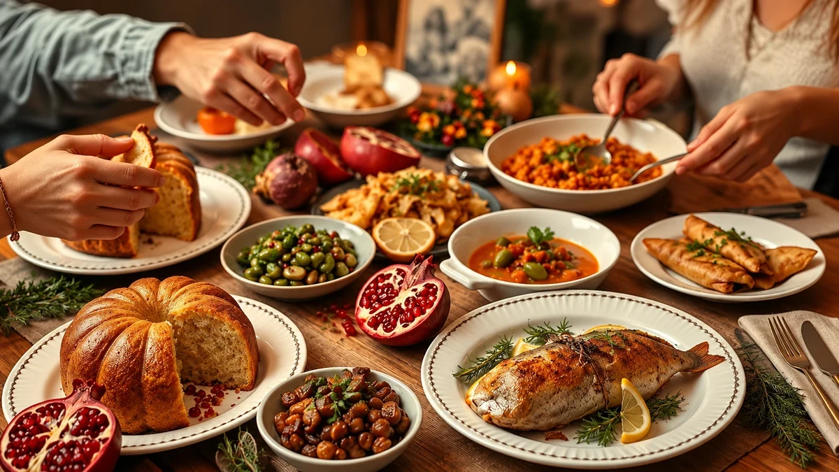 Fish, lentils and pomegranate illustrating festive food traditions