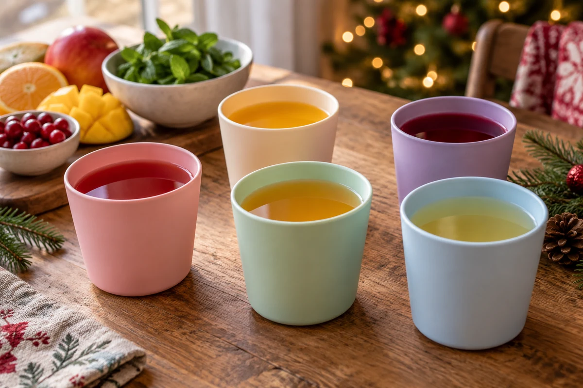 Five alcohol free fruit drinks in small colourful cups