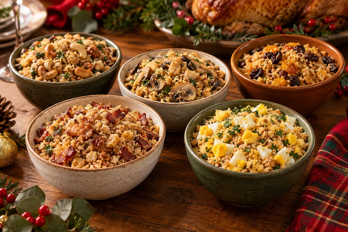 Five bowls of Brazilian farofa with different toppings