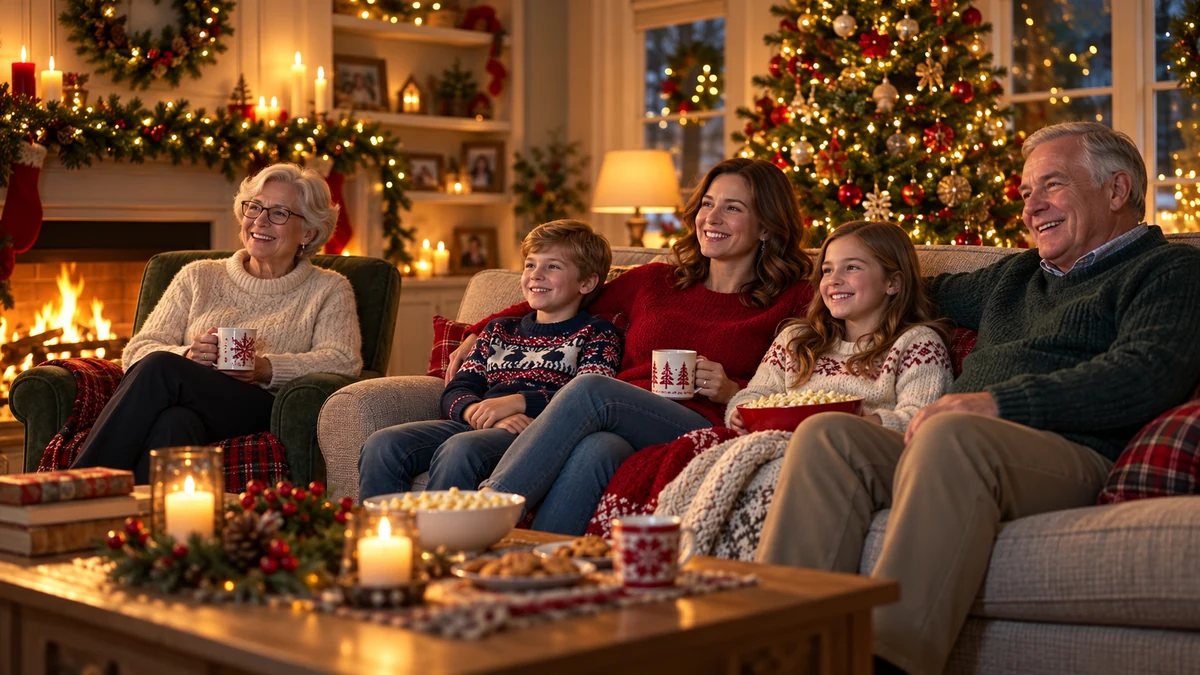 Five family members enjoying a Christmas film evening