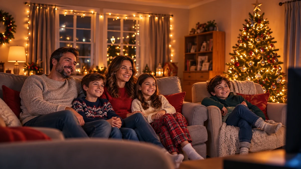 Five family members gathered in a festive sitting room