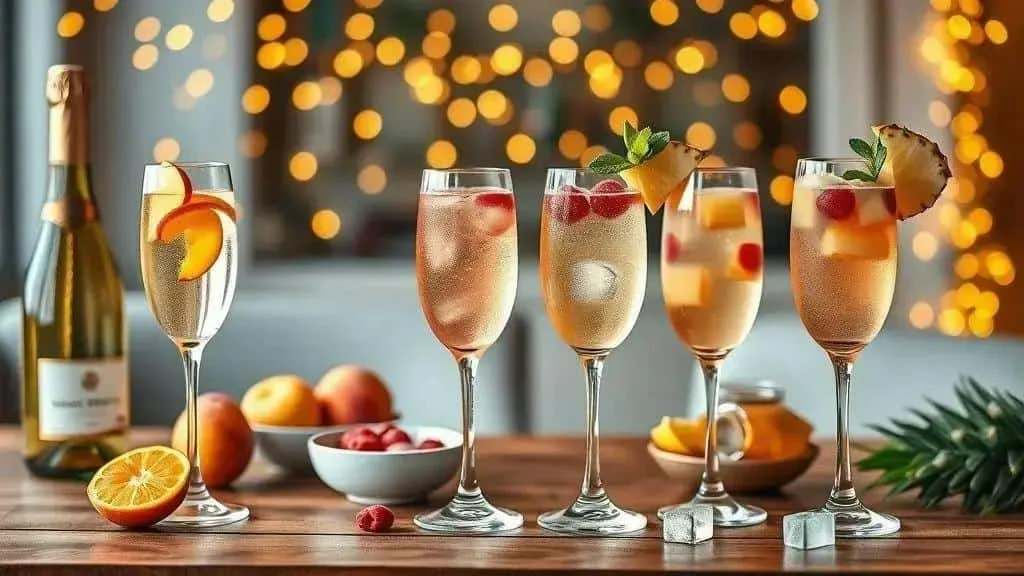 Five fruit-garnished sparkling cocktails