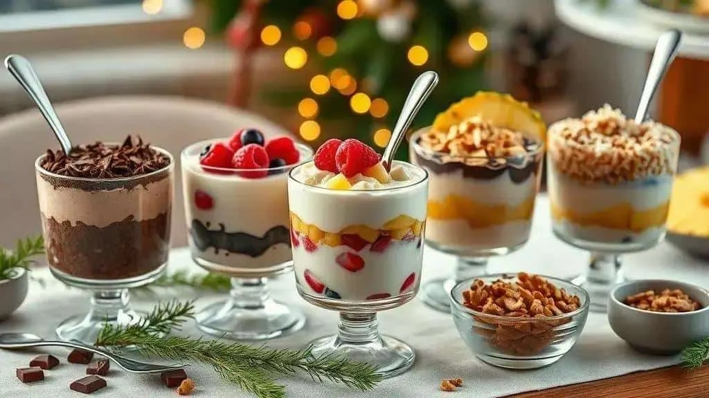 Five layered dessert ideas with chocolate, berries, pineapple and nuts