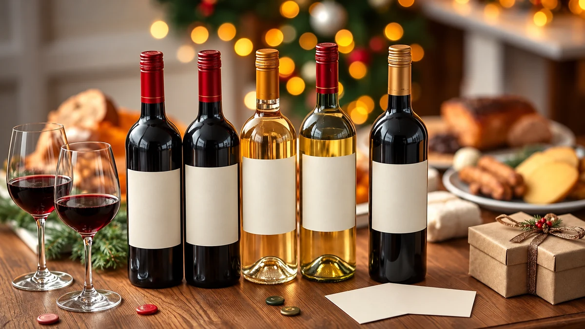 Five wine bottles with blank labels beside glasses and a wrapped gift