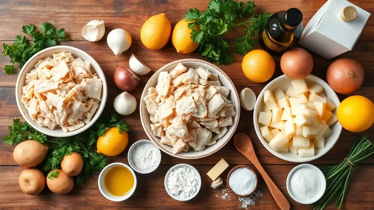 Flaked cod, potatoes, onions and ingredients for festive recipes