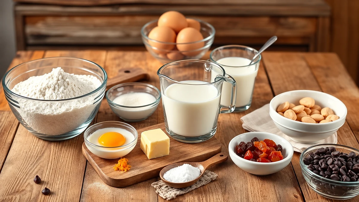 Flour, butter, eggs and dried fruit for homemade panettone