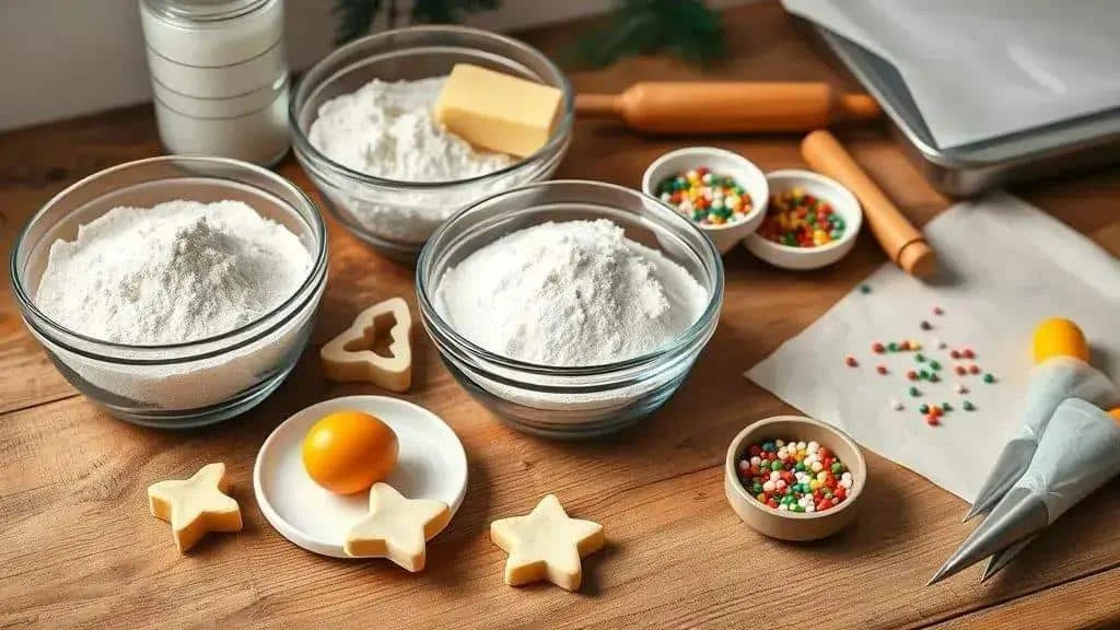 Flour butter eggs sugar and icing equipment for Christmas biscuits